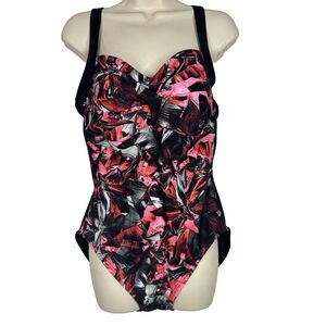 Gabar One Piece Swimsuit 14 Wireless Black Pink Red Floral Ruched Tummy‎ Control